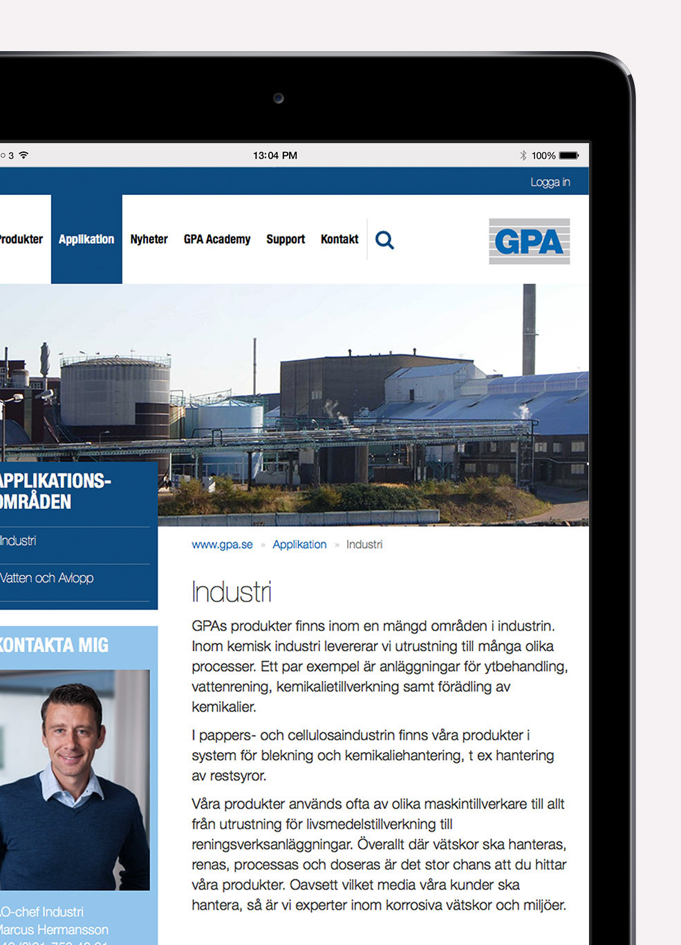 GPA webbplats - Applikationsområden i iPad
