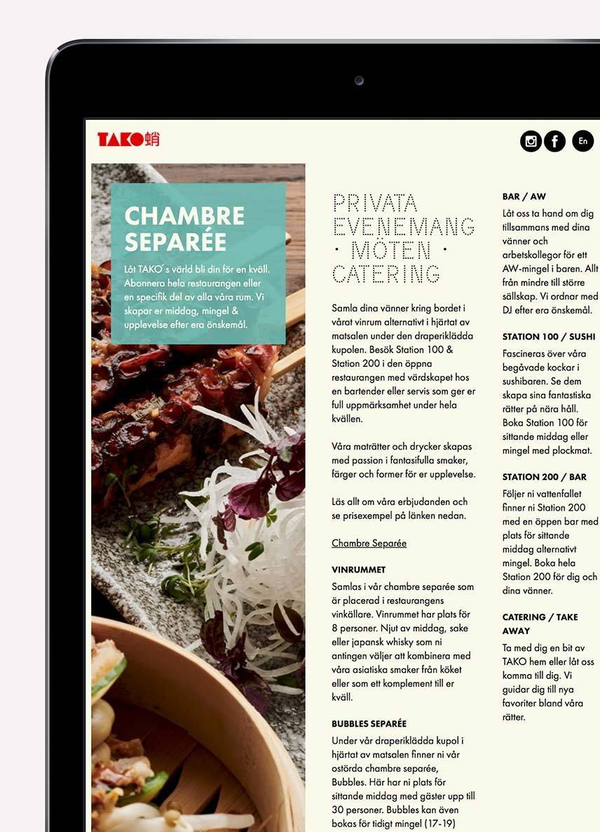 Restaurang Tako webbplats - sidan för Chambre Separée i en iPad