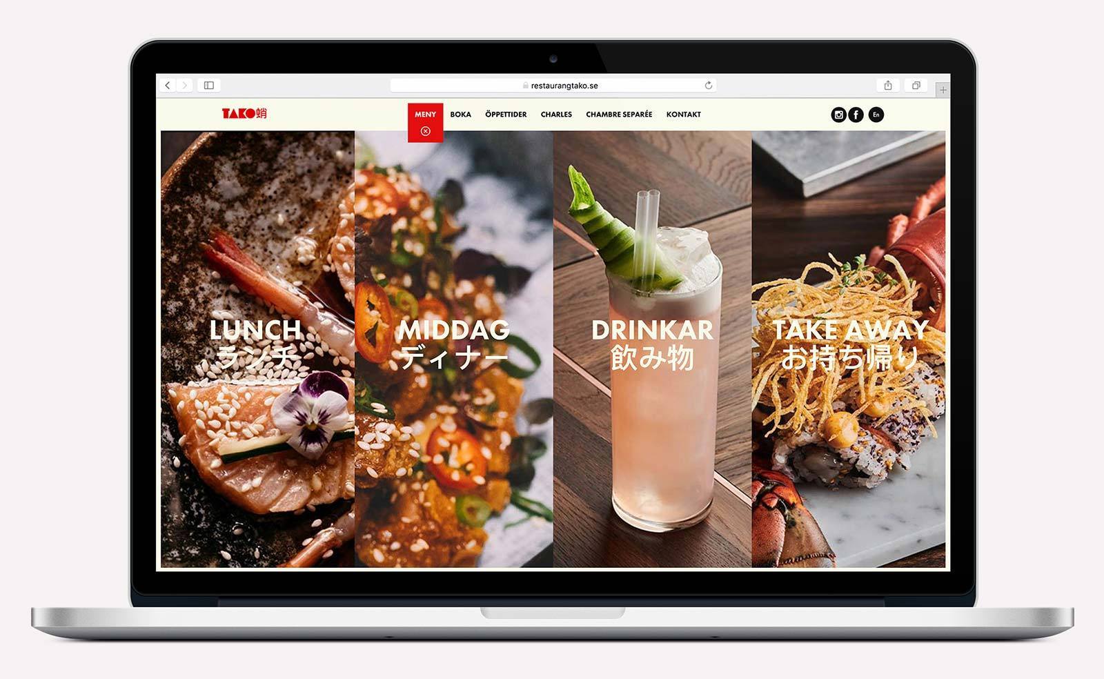 Restaurang Tako webbplats - utfälld menyflik med stora bilder på mat och drinkar