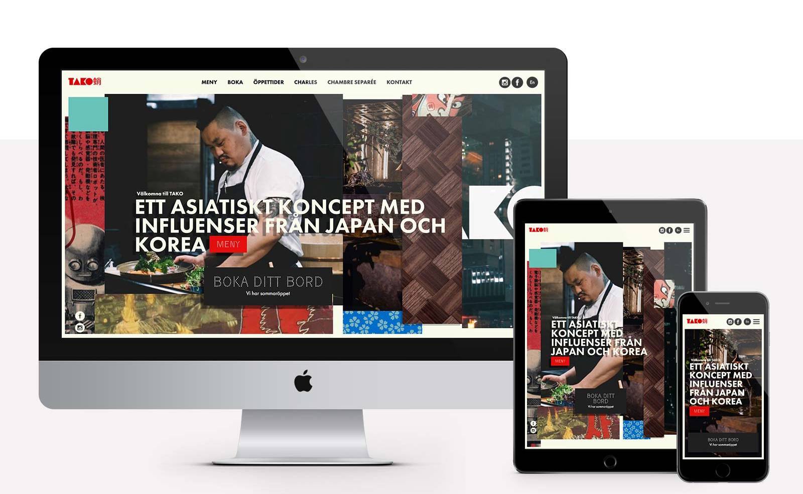 Restaurang Tako webbplats - förstasidan i olika enheter iMac, iPad, iPhone
